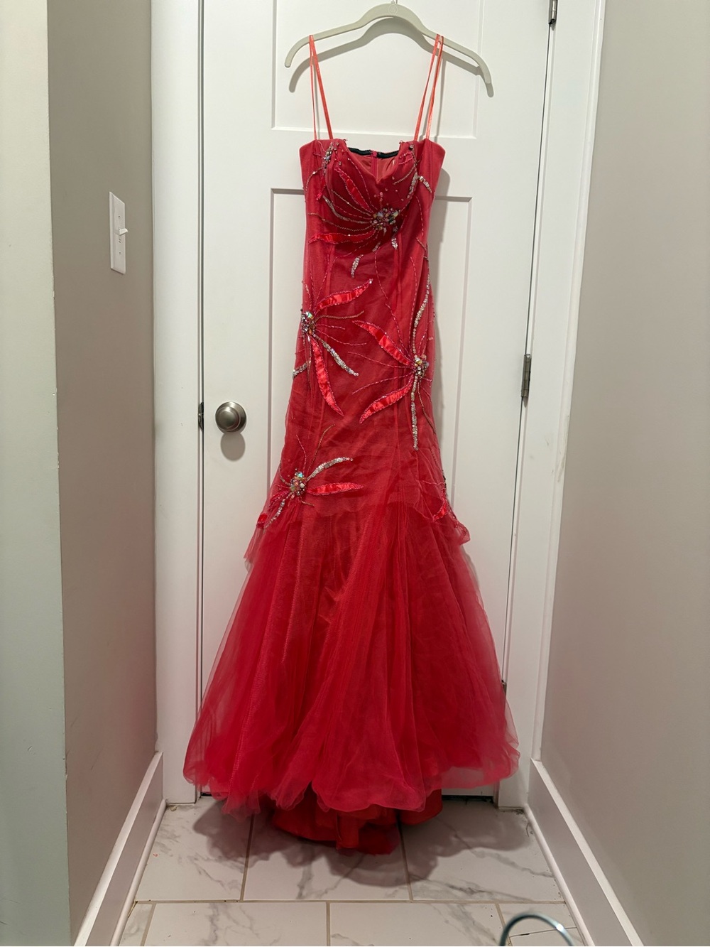 Red Beaded Tulle Mermaid Gown